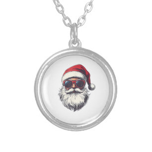 Cool Santa Claus Face Retro Sunglasses Christmas M Silver Plated Necklace