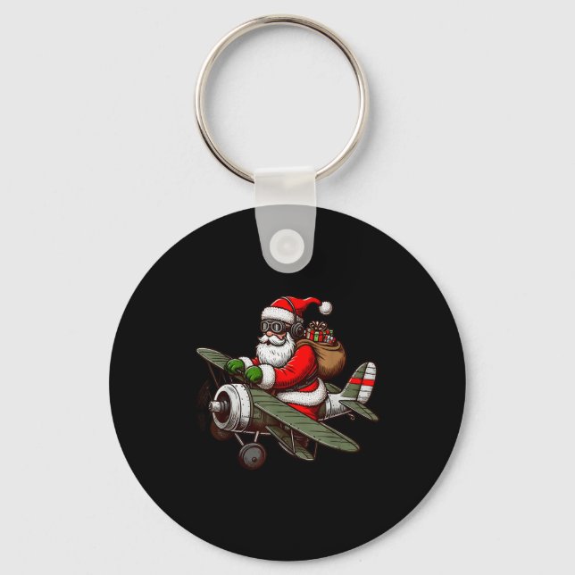 Cool Santa Claus Flying Airplane Pajama Christmas  Keychain (Front)
