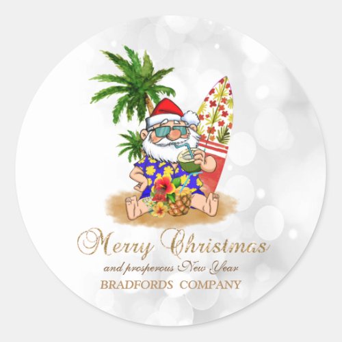Cool Santa ClausPalm TreeBeach Bokeh  Classic Round Sticker
