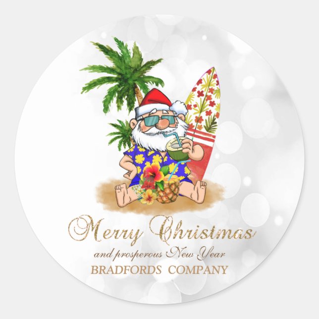 Cool Santa Claus,Palm Tree,Beach Bokeh  Classic Round Sticker (Front)