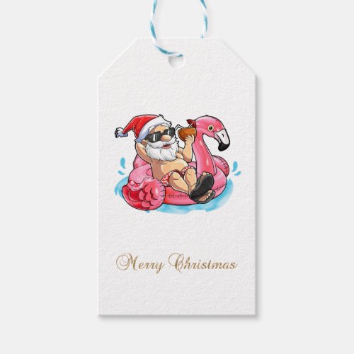 Cool Santa ClausPink FlamingosBeach Bokeh    Gift Tags