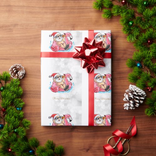 Cool Santa ClausPink FlamingosBeach Bokeh   Wrapping Paper