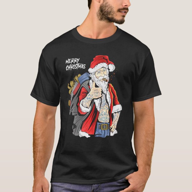 Cool Santa Claus Wearing Glasses Smoking Cigars    T-Shirt (Front)