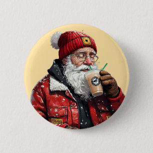 Cool Santa Drinking Iced Coffee Christmas Art Button
