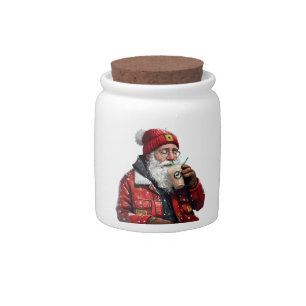 Cool Santa Drinking Iced Coffee Christmas Art Candy Jar