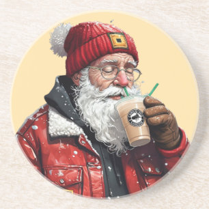 Cool Santa Drinking Iced Coffee Christmas Art Coaster