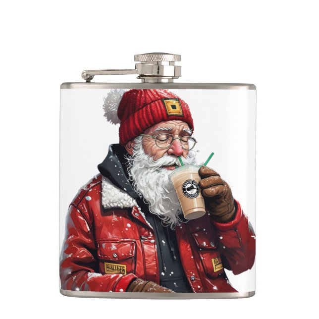 Cool Santa Drinking Iced Coffee Christmas Art Flask (Front)