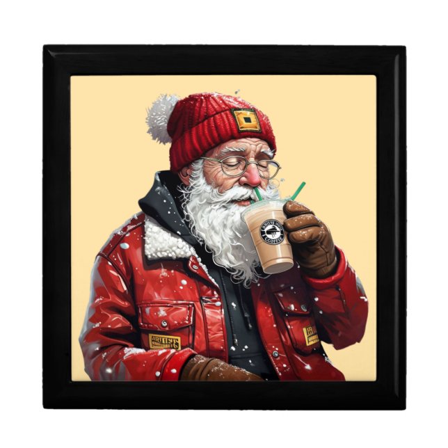 Cool Santa Drinking Iced Coffee Christmas Art Gift Box (Front)