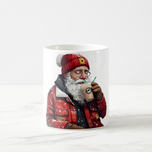 Cool Santa Drinking Iced Coffee Christmas Art Mug (Center)