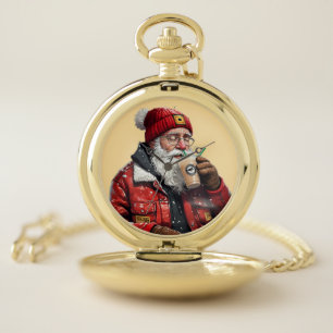 Cool Santa Drinking Iced Coffee Christmas Art Pocket Watch