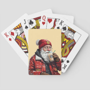 Cool Santa Drinking Iced Coffee Christmas Art Poker Cards
