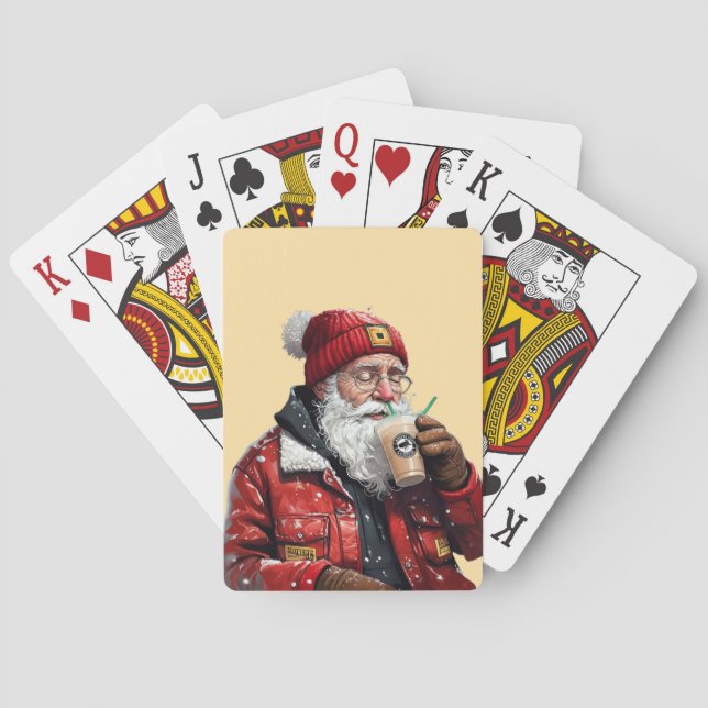 Cool Santa Drinking Iced Coffee Christmas Art Poker Cards (Back)