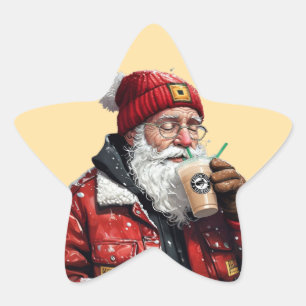 Cool Santa Drinking Iced Coffee Christmas Art Star Sticker