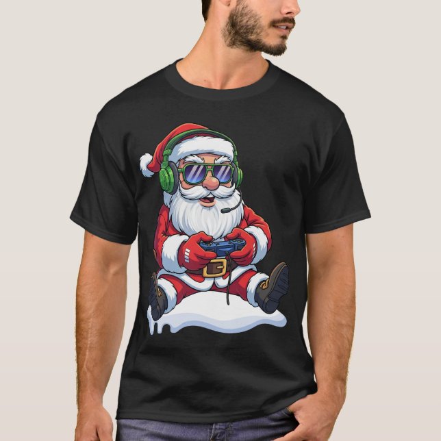 Cool Santa Gamer Controller Gaming Video Game Xmas T-Shirt (Front)