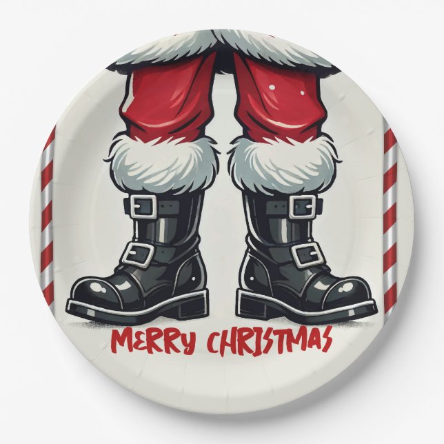Cool Santa in Black Boots Christmas Holiday Party Paper Plates (Front)