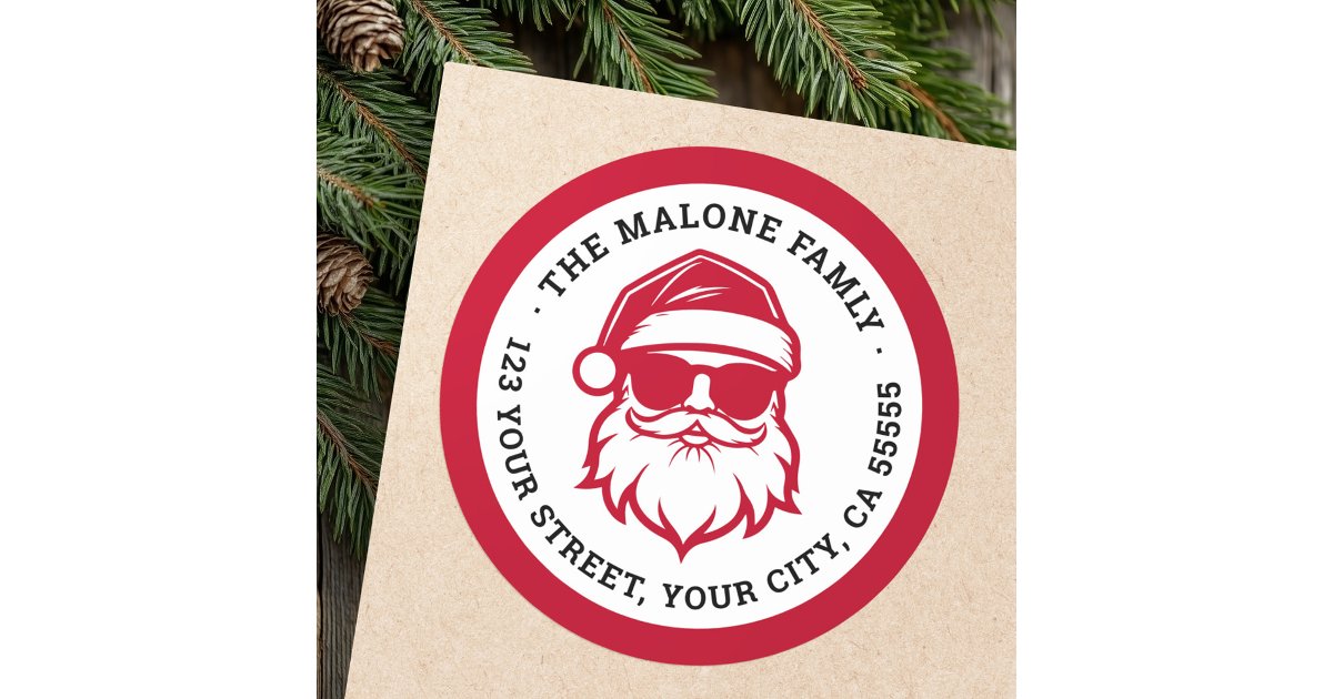 Red Return Sticker Cool Santa in sunglasses red return address Classic Round Sticker | Zazzle