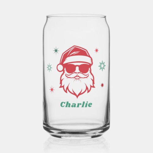 Cool Santa in sunglasses retro stars custom name Can Glass