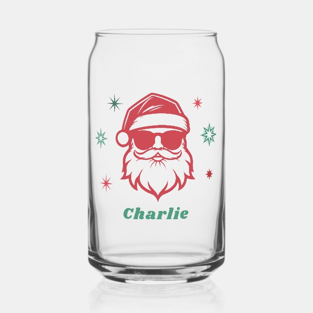 Cool Santa in sunglasses retro stars custom name Can Glass (Front)