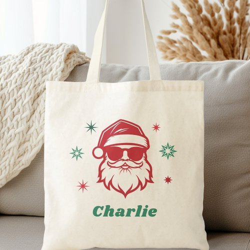 Cool Santa in sunglasses retro stars custom name Tote Bag