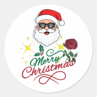 Cool Santa Merry Christmas with Rose & Holly Classic Round Sticker