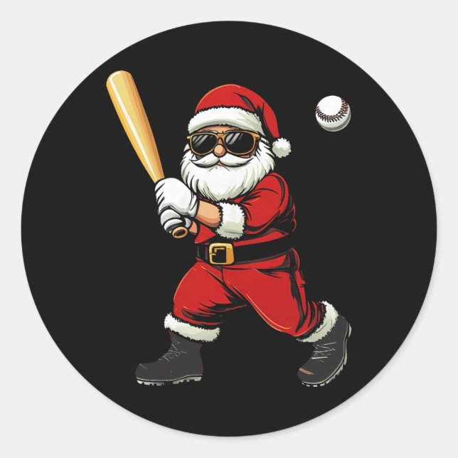 Cool Santa Playing Baseball Christmas Baseball Men Classic Round Sticker (Front)