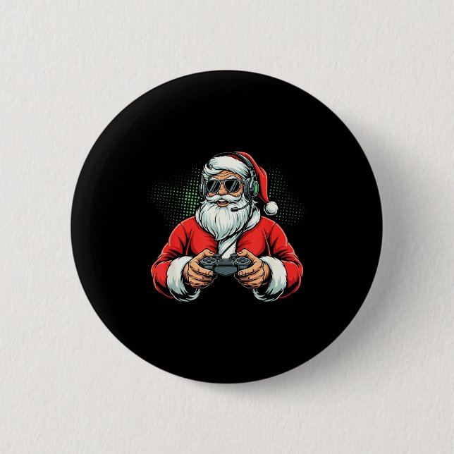 Cool Santa Playing Video Games Christmas Gamer Boy Button (Front)