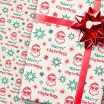 Cool Santa retro Merry Christmas pale red green Wrapping Paper<br><div class="desc">Wrapping paper featuring a cool Santa Claus wearing sunglasses and the text Merry Christmas in a retro style font surrounded by retro stars. Red and green shades on a light cream ivory colored background.</div>