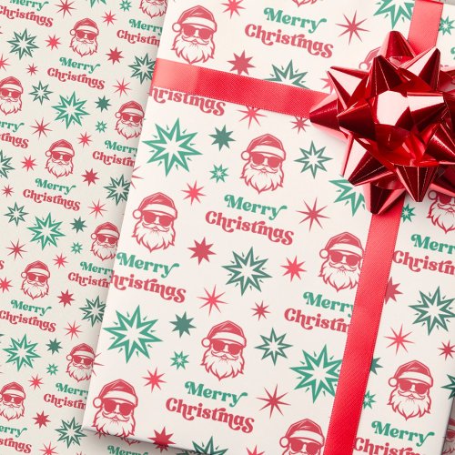 Cool Santa retro Merry Christmas pale red green Wrapping Paper