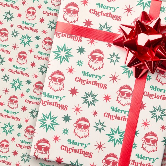 Cool Santa retro Merry Christmas pale red green Wrapping Paper (Cool Santa retro Merry Christmas pale red green Wrapping Paper)