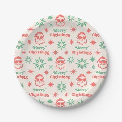 Cool Santa retro Merry Christmas party red green Paper Plates