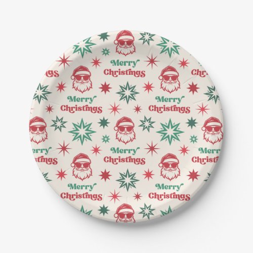 Cool Santa retro Merry Christmas party red green Paper Plates