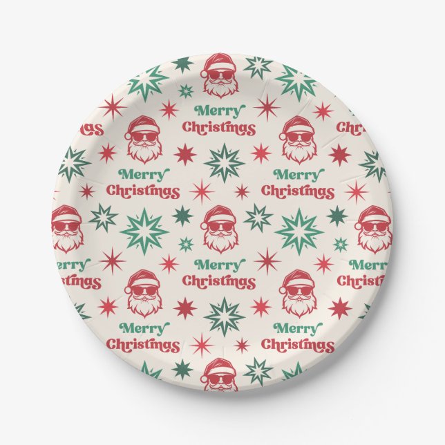 Cool Santa retro Merry Christmas party red green Paper Plates (Front)