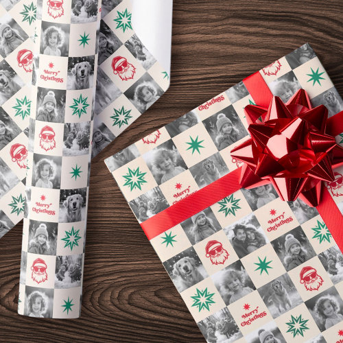 Cool Santa retro Merry Christmas photo red green Wrapping Paper