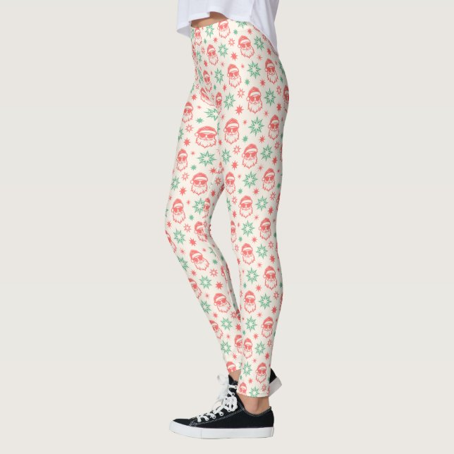 Cool Santa retro pale red green cream Christmas Leggings (Left)