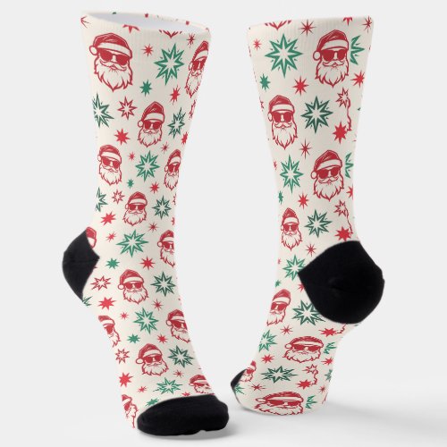Cool Santa retro pale red green cream Christmas Socks