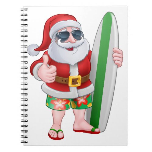 Cool Santa With Surfboard and Sunglasses Cartoon Notebook