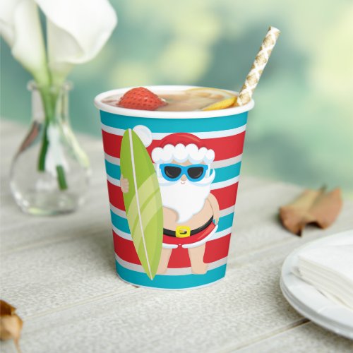 Cool Santa with surfboard colorful stripes pattern Paper Cups