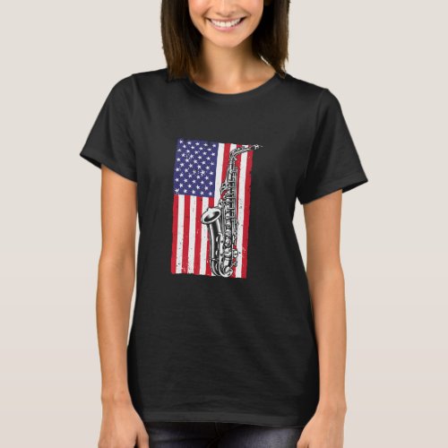 Cool Saxophone For Men Women American Flag Jazz Mu T_Shirt