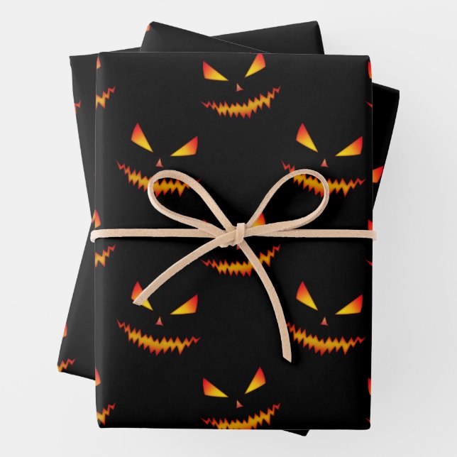 Cool scary Jack O'Lantern face Halloween pattern Wrapping Paper Sheets (In situ)
