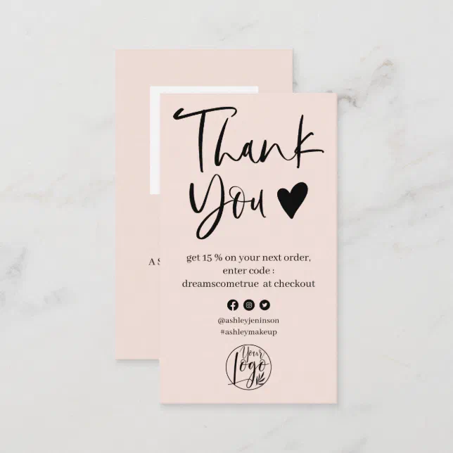 Cool script blush pink logo order thank you business card | Zazzle