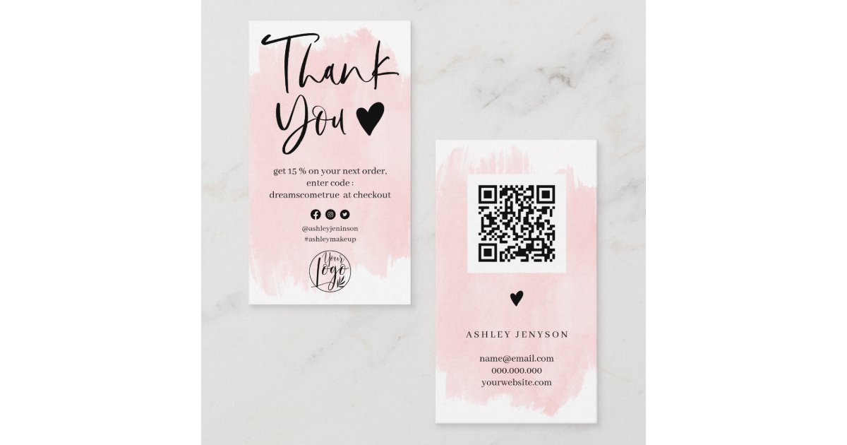 Cool script pink brushstroke logo order thank you business card | Zazzle