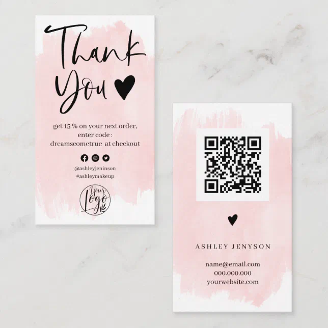 Cool script pink brushstroke logo order thank you business card | Zazzle
