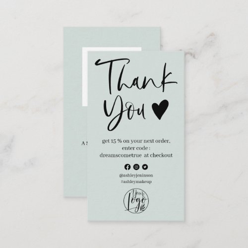 Cool script sage green logo order thank you business card