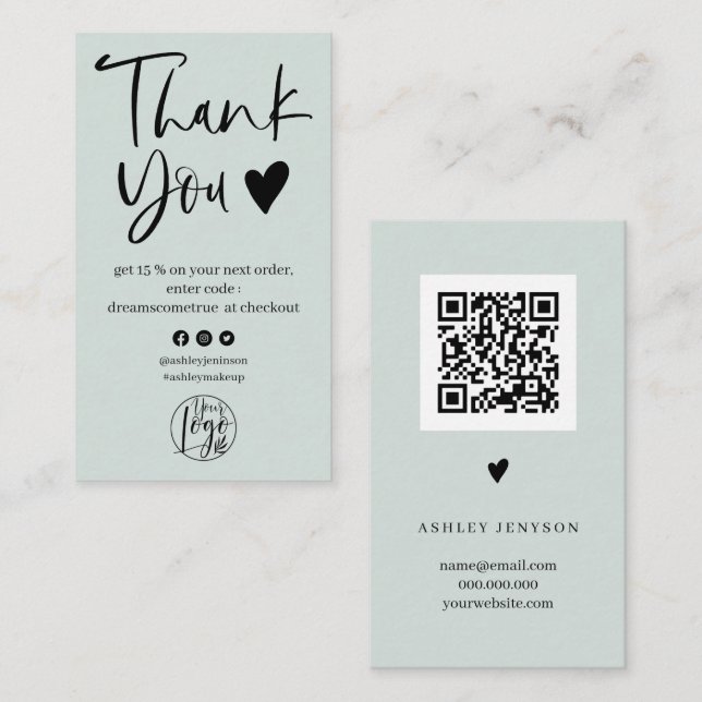Cool script sage green logo order thank you business card (Front/Back)