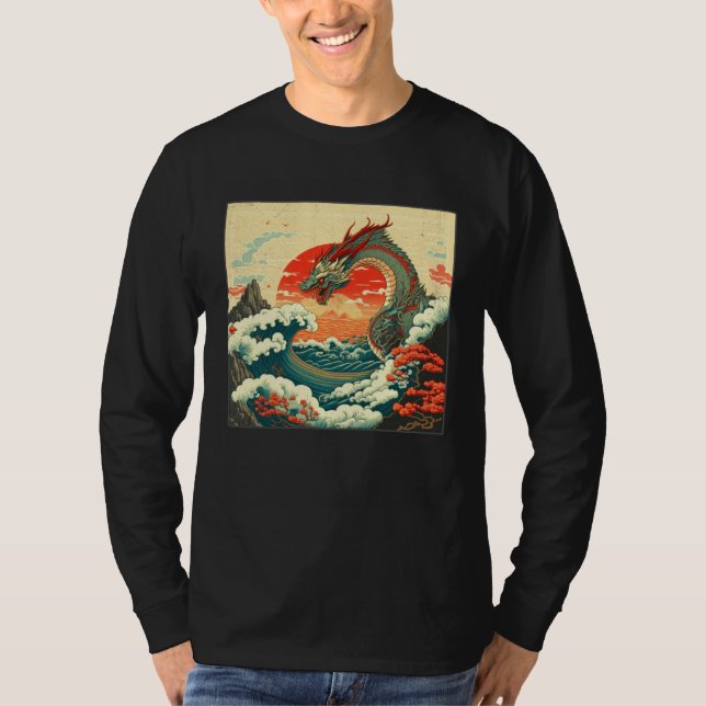Cool Sea Dragon Illustration Ocean Waves Sunset Wo T-Shirt (Front)