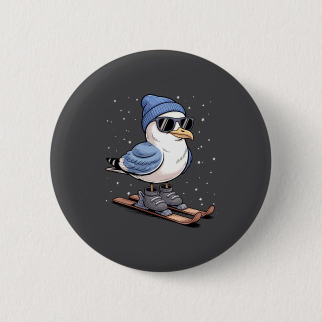 Cool Seagull On Skis - Nordic Winter Seagulls Aprè Button (Front)