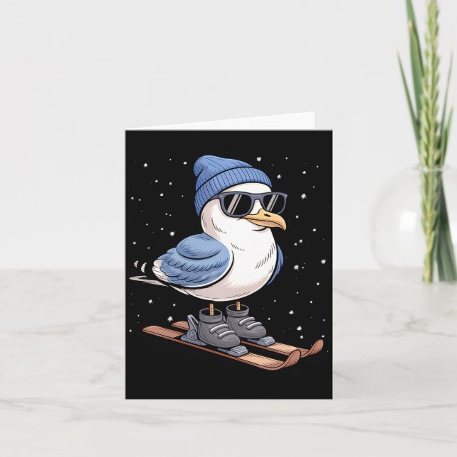Cool Seagull On Skis - Nordic Winter Seagulls Aprè Card (Front)