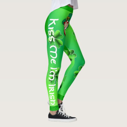 Cool Shamrock and Leprechaun Bright Green Heart Leggings