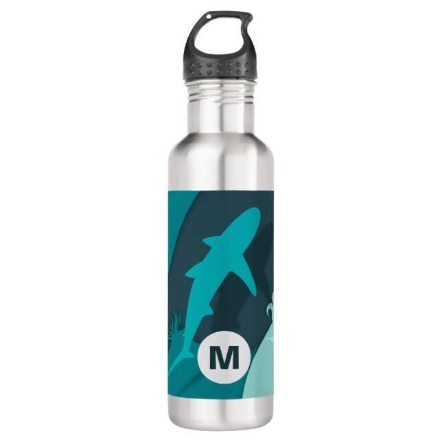 Cool Shark Abstract Art Monogram Stainless Steel Water Bottle (Front)