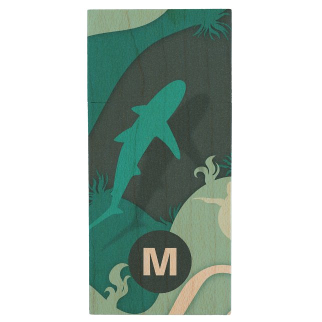Cool Shark Abstract Art Monogram Wood Flash Drive (Front Vertical)